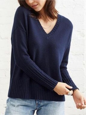 Not Monday Ella Cashmere V-Neck Sweater Size L Navy Blue Slouchy Quiet Luxury